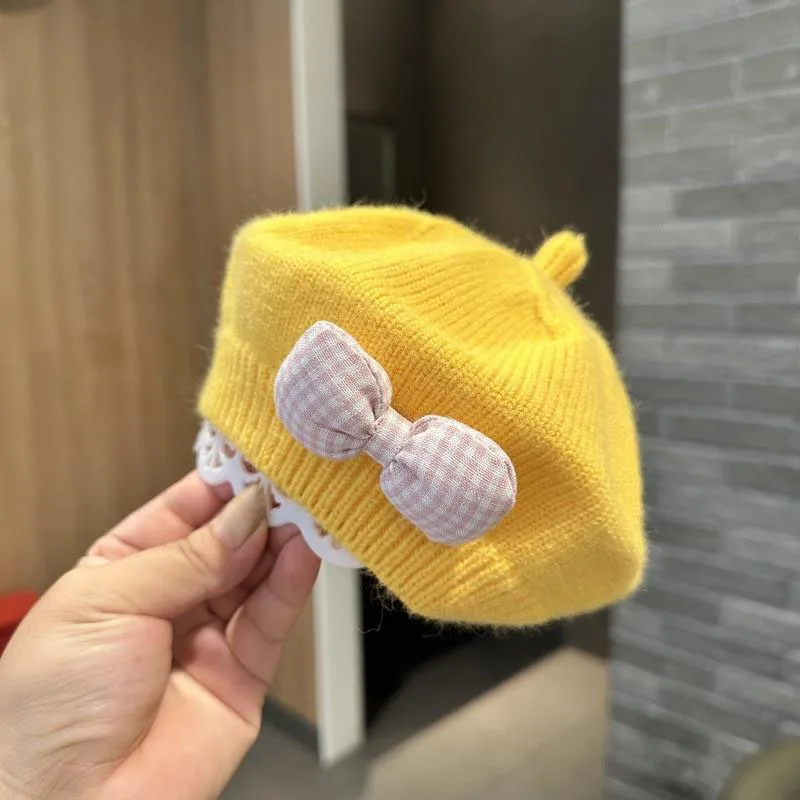 Autumn Winter Korean Fashion Berets Hat for Kids Solid Warm Knitted Baby Girls Caps with Bowknot Design Wholesale