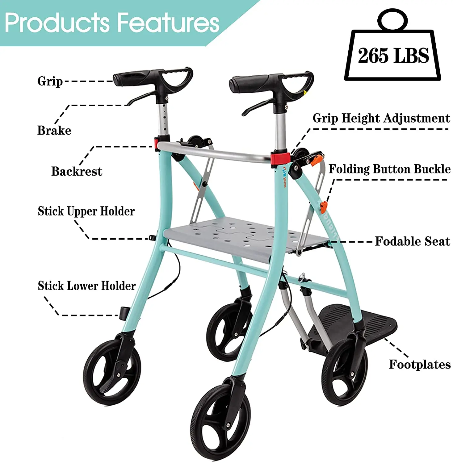 Medical Equipment Heavy Duty Rollator 4 Wheel Upright Walker for Elderly Walking