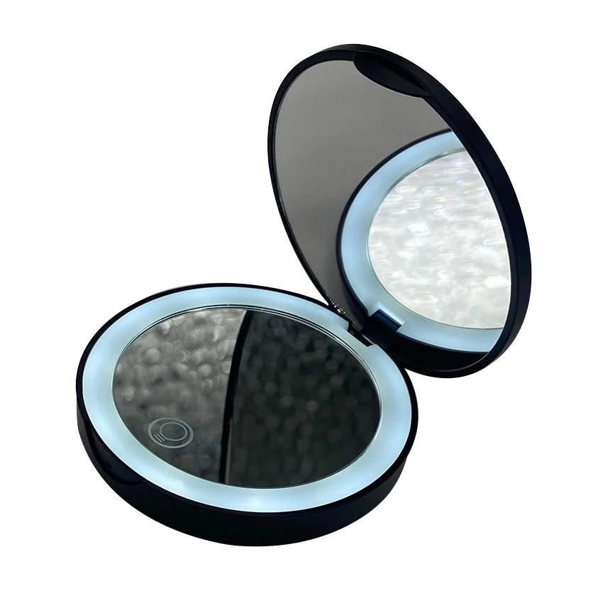 Custom hot sale black round smart mini LED lights makeup portable vanity mirror miroir