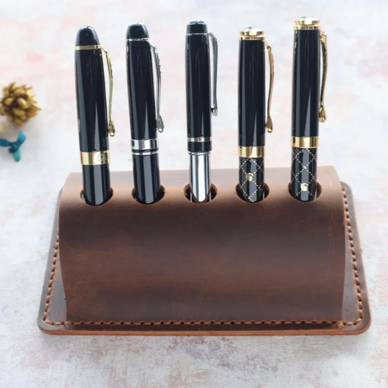 Fountain Real Leather Pen Stand Desktop Genuine Leather Men 5 Pens Holder Custom Logo Pen Organizer For Office