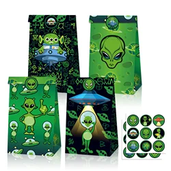 Huancai UFO Alien Party Favors Bag 12 pcs ET Paper Bags with Stickers Kids Gift Candy Treat Bag for Birthday Party Supplies