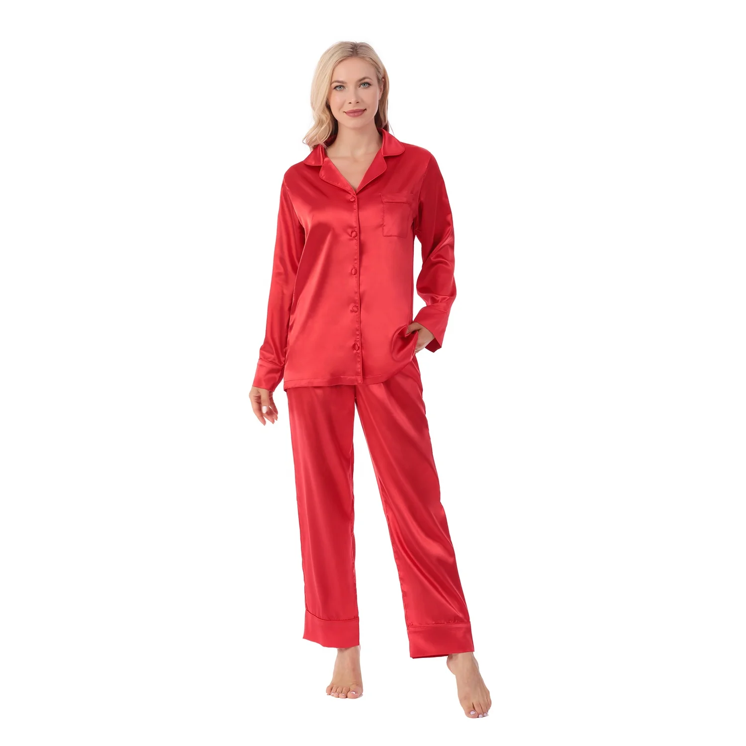 New Style Women Silk Satin Long Sleeve Pajamas Set with Same Color Piping and Buttons