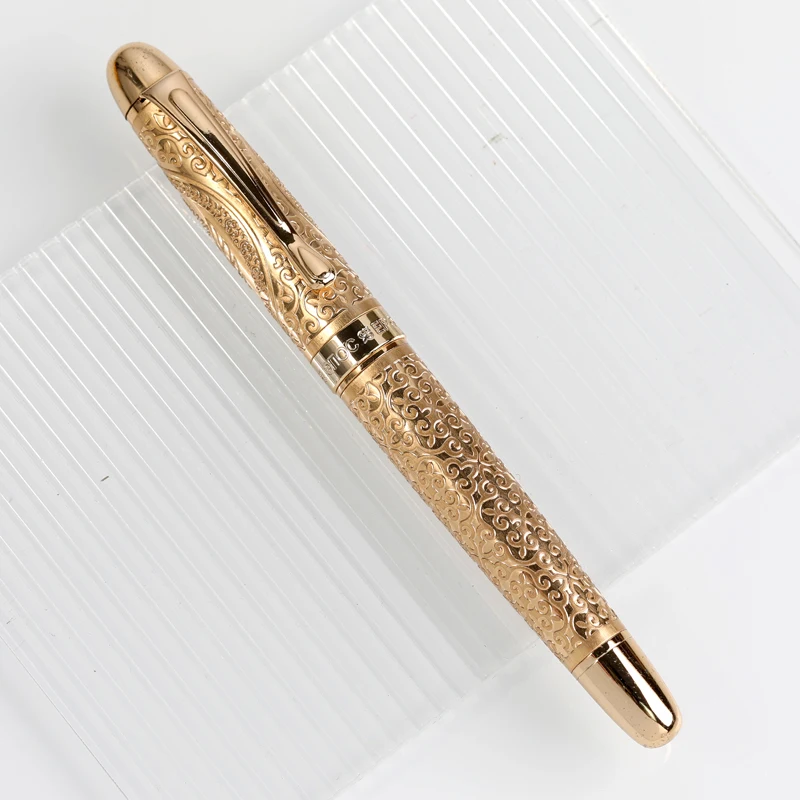 High Quality Luxury Etched Golden Fountain Pen Business Gift Calligraphy Metal Fountain Pen Custom Logo Personalized Golden Pen
