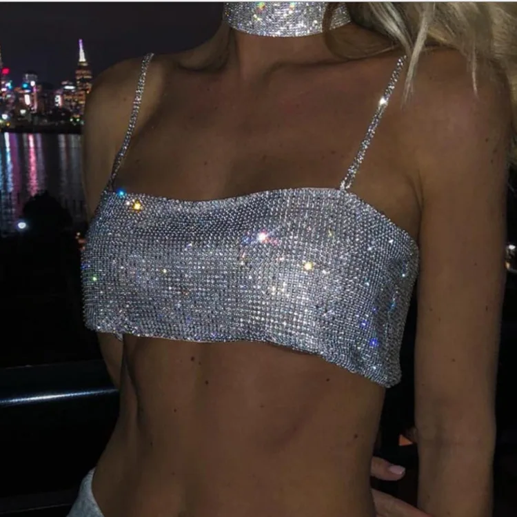 Rhinestone navel exposed silver shiny party body chain sparkling adjustable crystal bra jewelry backless chest jewelry