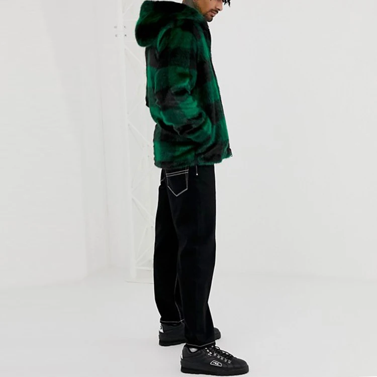 men faux fur coat lightweight green check Fixed hood faux fur jacket