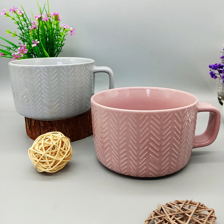 Stoneware Western Drinkware Cups Porcelain Large Soup Bowl Wholesale 22oz Ceramic Mug With Diagonal Stripe Pattern