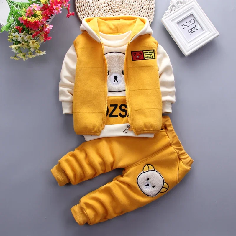 Kids Fall Clothing 2023 Cute Cartoon Bear Printing Spring Autumn Fall Three Pieces Set Boutique Children Clothes Boys