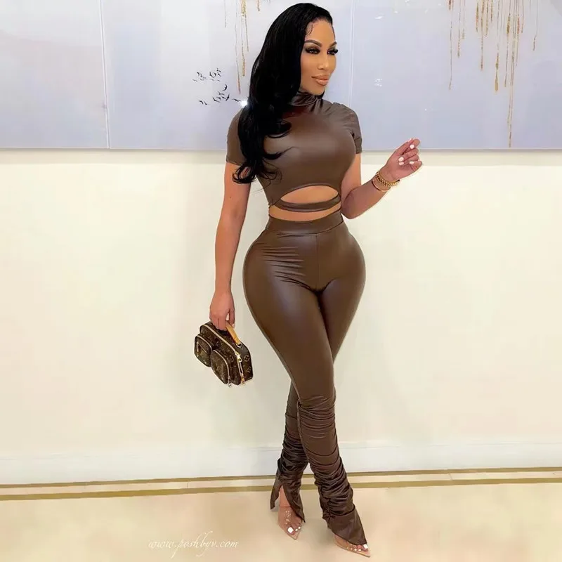 2025 Spring Autumn Sexy Pu Leather Outfits Long Sleeve Slim Tops Stacked Legging Pants Leather 2 Piece Set Women