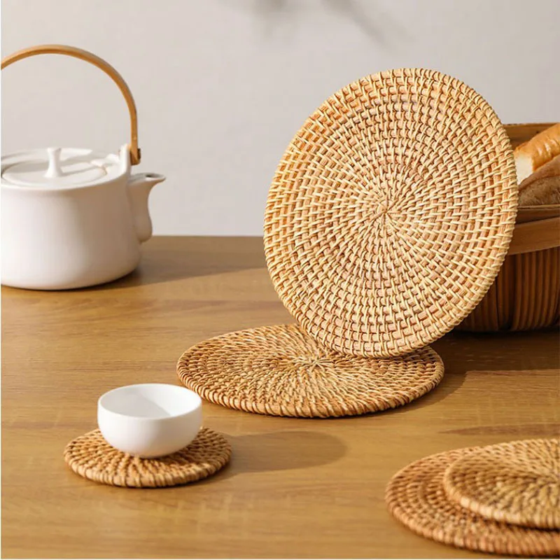 NEWELL Kitchen Accessories Cup Base Plates and Dishes Insulated Hot Pads Pot Holder Handwoven Natural Rattan Coaster Set