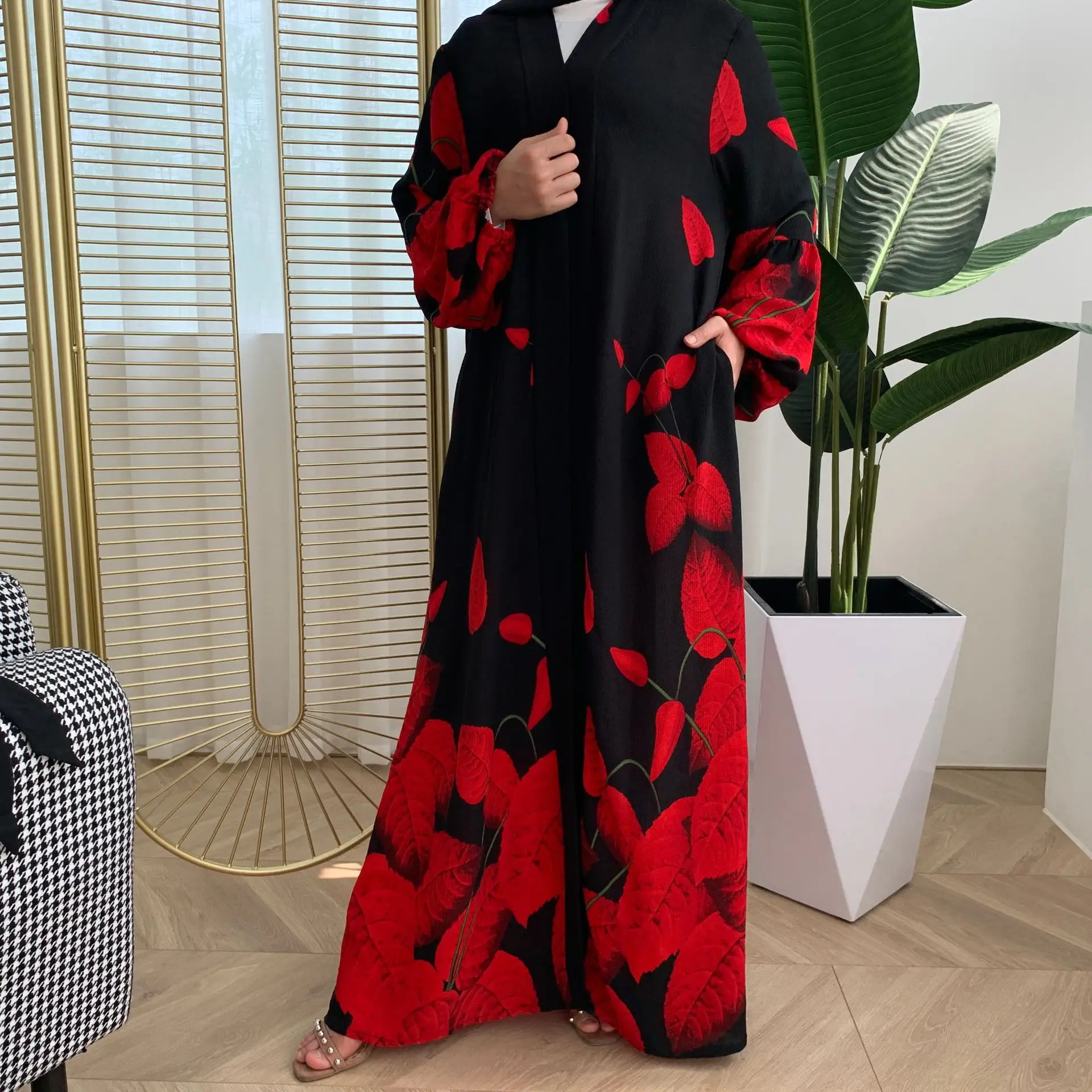 Ramadan New Arrival Bubble Chiffon Leaf-Print Abaya Long Gowns Jubah Middle East Arab Islamic Clothing