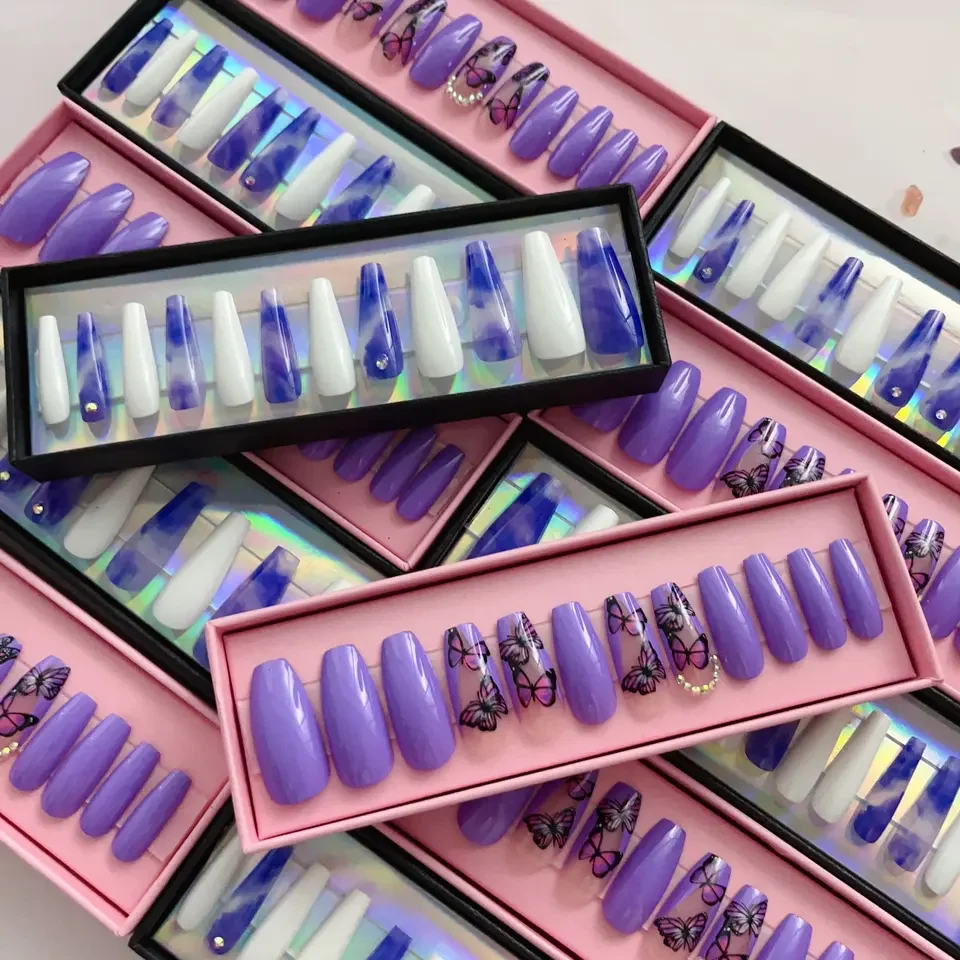 Own Brand Customized Box Ins Press on Nails New Fashion High Quality French Luxury Acrylic Popular Reusable Wholesale 24 Pcs