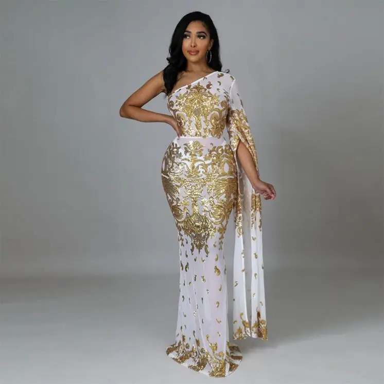 Mesh Sequin Maxi Bridal Gowns Wedding Dress Vestido De Gala Elegant Africa Femme Modest Evening Dresses One Shoulder Sleeveless