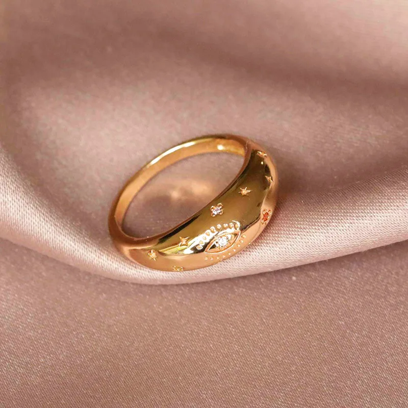 Wedding jewelry 18k gold plated star turkish evil eye engraved cubic zircon 925 sterling silver croissant ring jewelry for girl