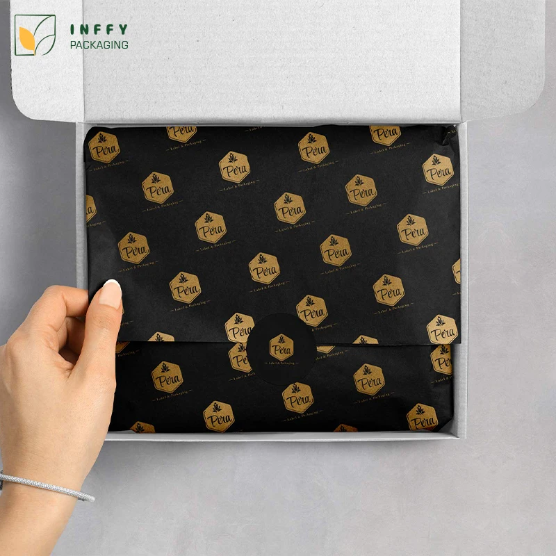 
Custom printed 17g black/white tissue paper for cloth wrapping with gold logo 