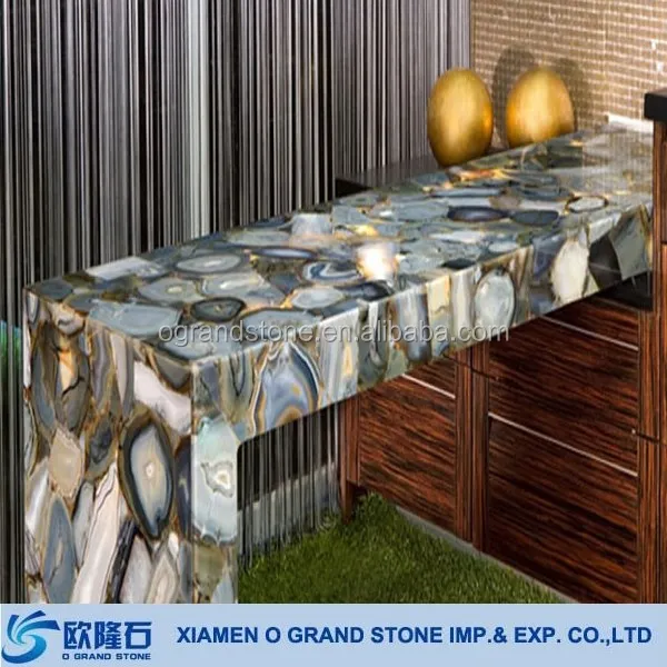 Decorative unique blue agate stone table tops blue semi precious transparent table top