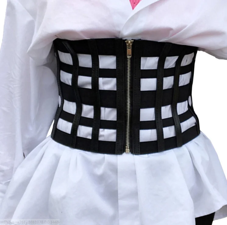 Wide Hollow Elastic Cinch PU Belt Black