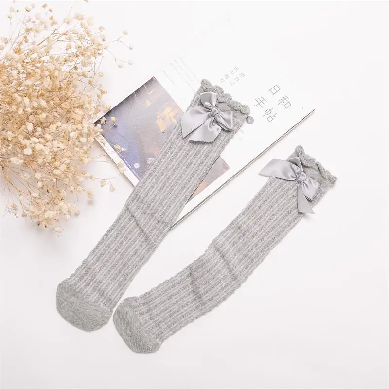 Girls Breathable Mesh Cable Knit Knee High Socks With Satin Bow Decorative Accessories Bowknot Lace Ruffle Princess Socks
