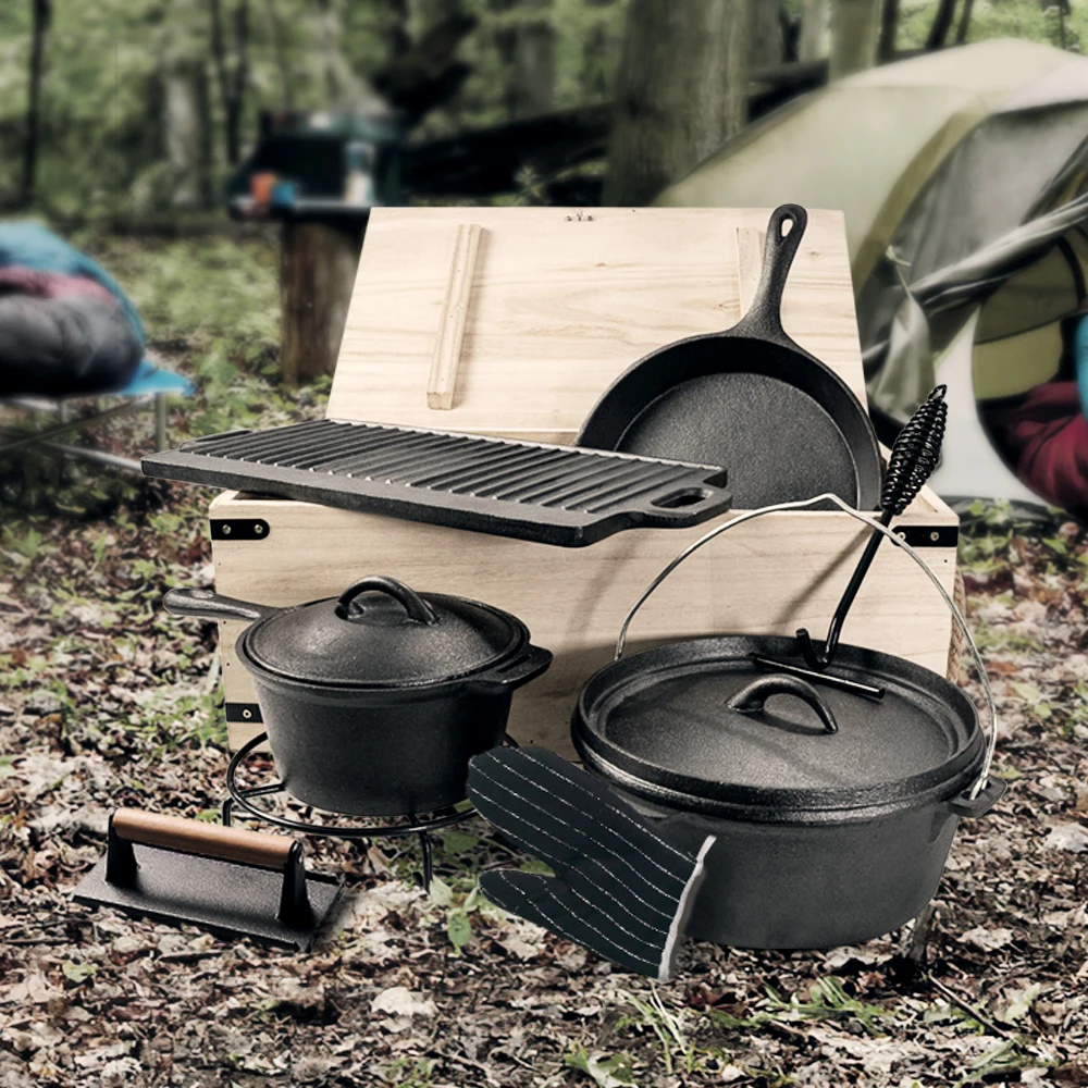 Bright Houseware Pre seasoned Cast Iron Cookware Set Camping Dutch Oven Baking Tray Pot Set Outdoor Camping Cookware Set