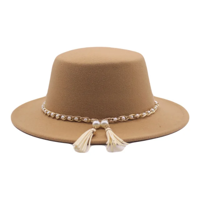 Wholesale Plain Felt Top Hat Winter Woolen Jazz Hat Solid Color Women Pearl Chain Vintage Flat Top Fedora Hat