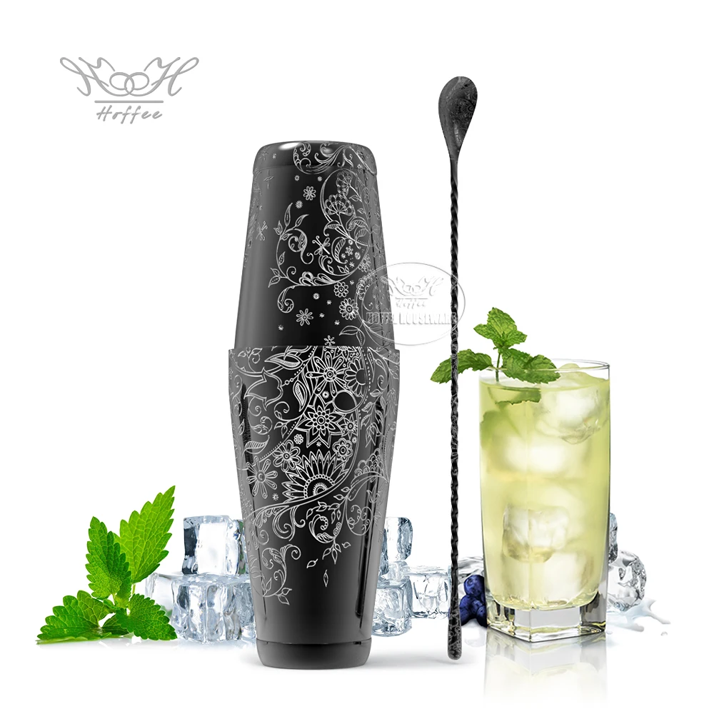 Engraved Etched Cocktail Shaker Stainless Steel Weighted Tin Shaker Bartender Custom Pattern Bar Mixology Kit Boston Shaker Set