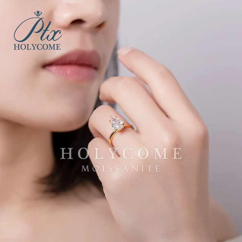 Pear Cut Moissanite Diamond Ring Reddit Customized Service Crushed Ice Fine Jewelry 14K Yellow Gold Ring Holycome Jewelry