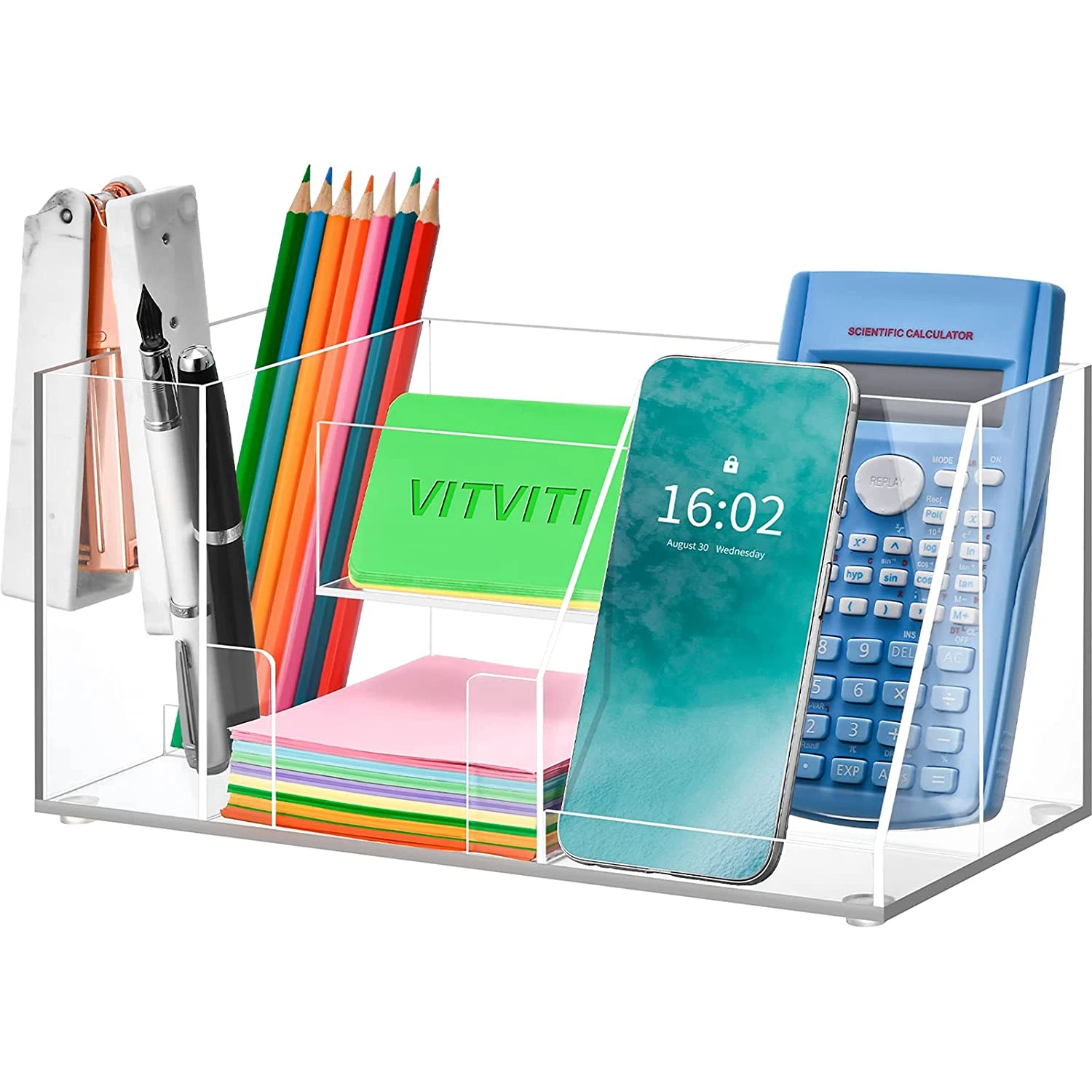 Acrylic Office Desk Storage Box Pen Holder With Compartment With Note Holder Phone Stand Holder For Office School Storage Use
