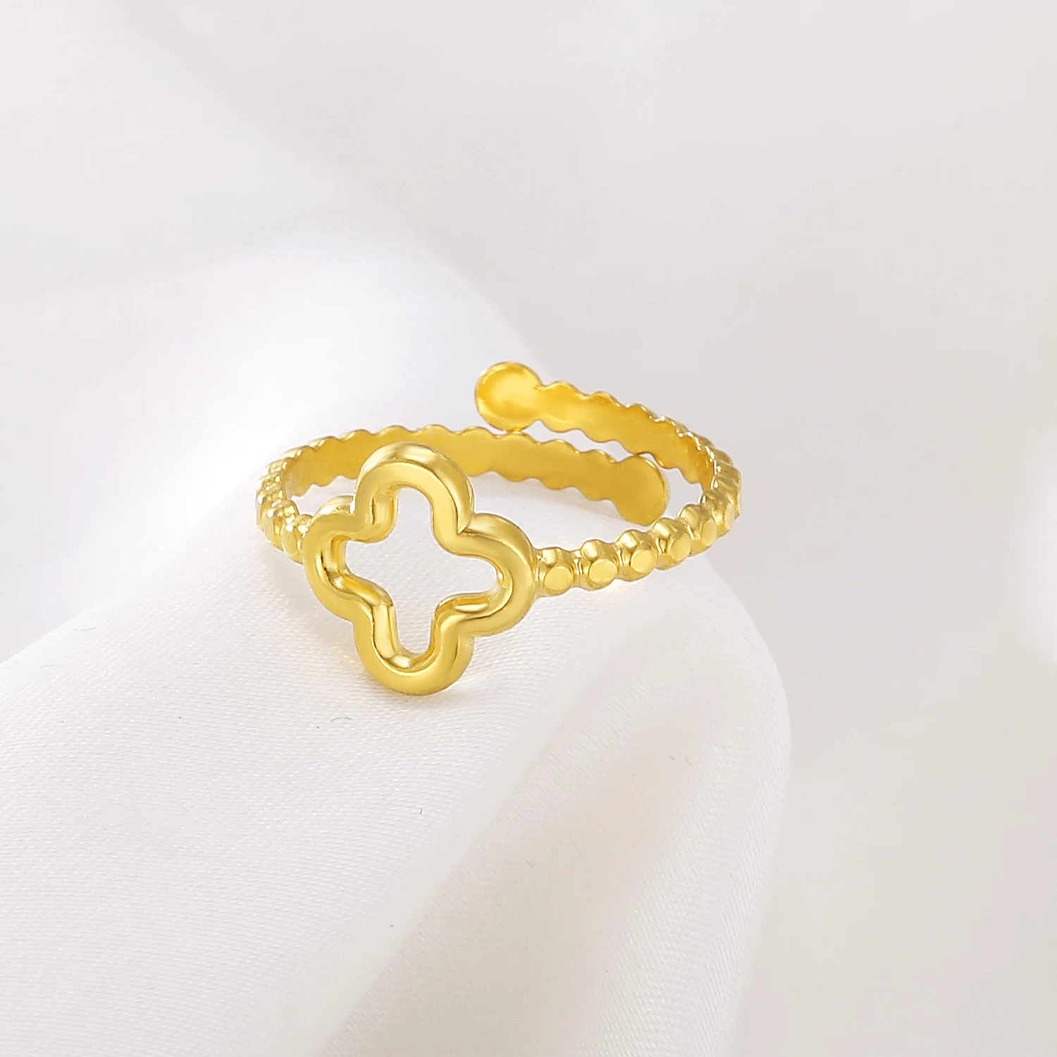 Women Jewelry Gold Plated Lucky Four Leaf Clover Ring Adjustable Stainless Steel Finger Ring