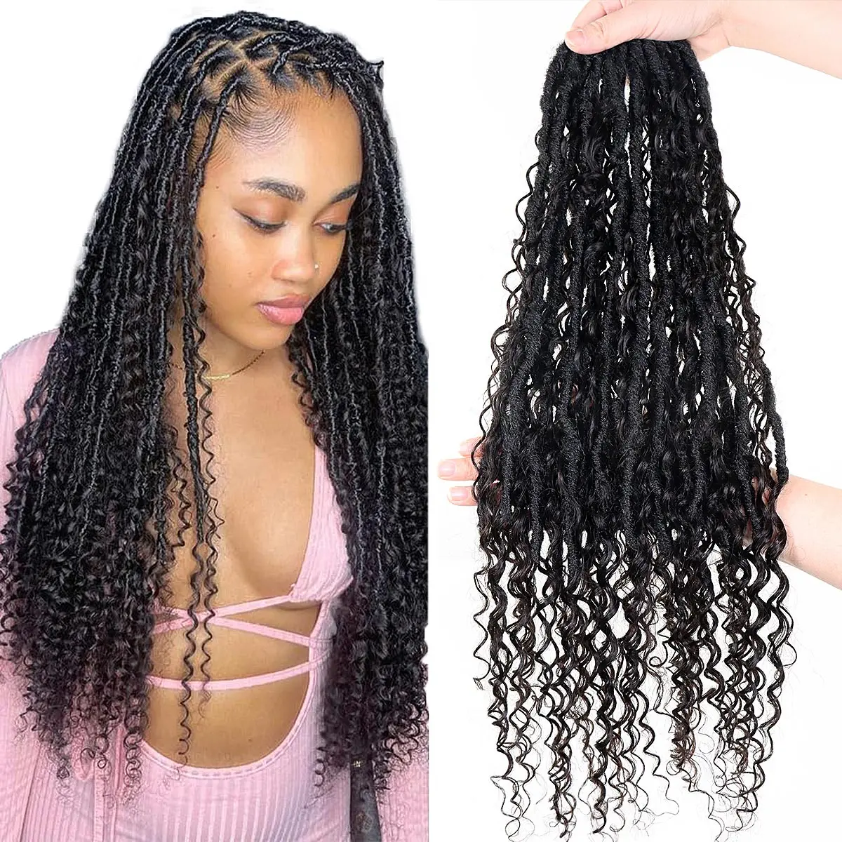 Pre-looped Crochet Boho Faux Locs with Human Hair Curly Ends Boho Hair Braids Goddess Dreadlocks Hair for Black Women 40 Strands