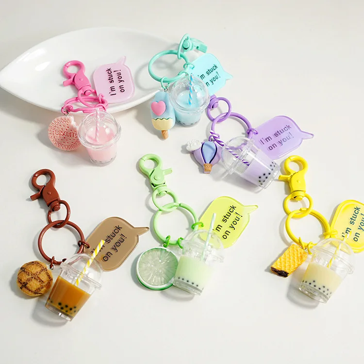 Bubble Tea Pearl Milk Tea Liquid Bottle Keychain Pendant Acrylic Cute Girl Bag Keychain With Pendant
