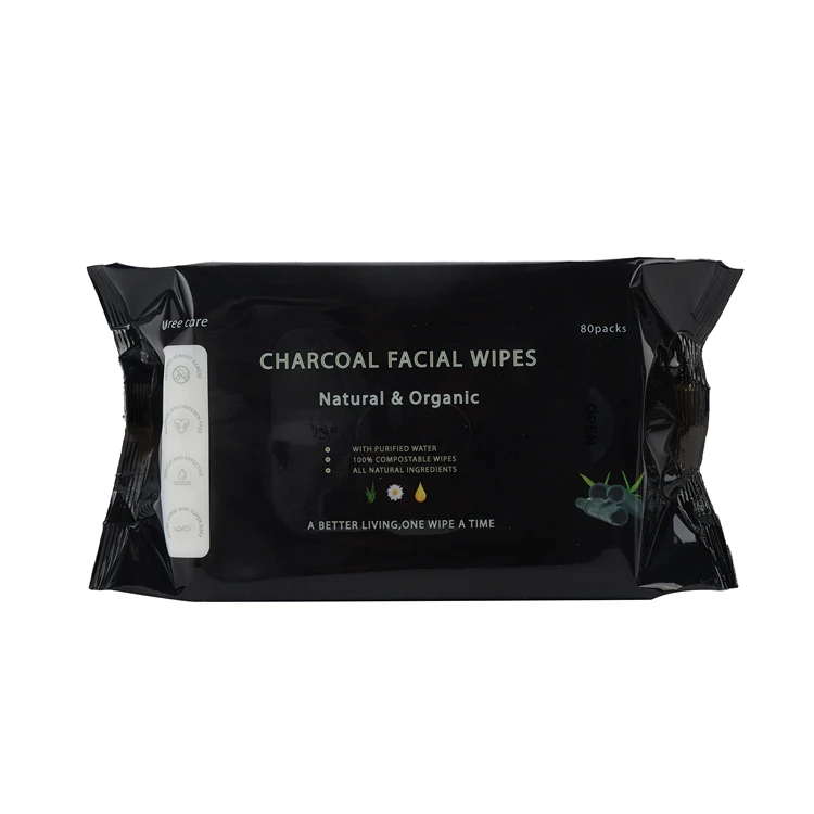 Private Label Wet Wipes Disposable Organic Cleansing Black Cotton Adults Makeup Removal Organic Charcoal Facial Wipes