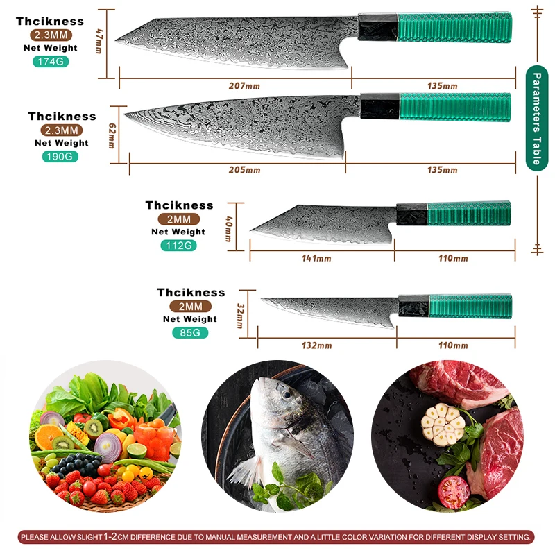 Japanese 67 Layers Damascus Steel Kitchen Knife Sets Chef Kiritsuke Utility Knife with Green Resin and Aluminum Comb Handle