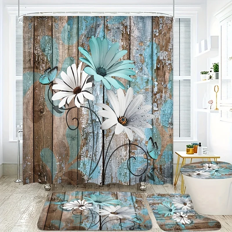 Daisy Wooden Board Printed Shower Curtain Set Waterproof Bathroom Partition Curtain With Hooks