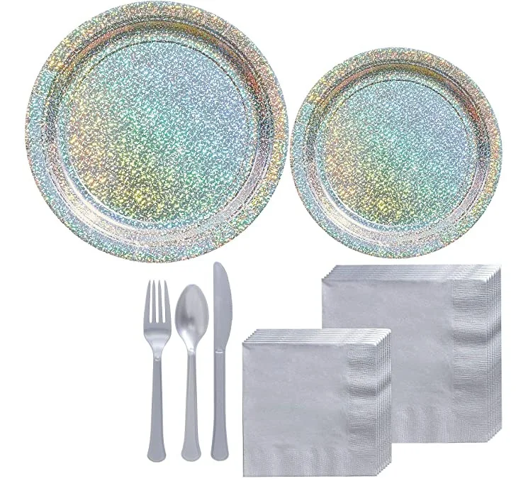 Hot Sale Bronzing Rainbow Gold Silver Foiled Disposable Tableware Printed Laser Paper Plates