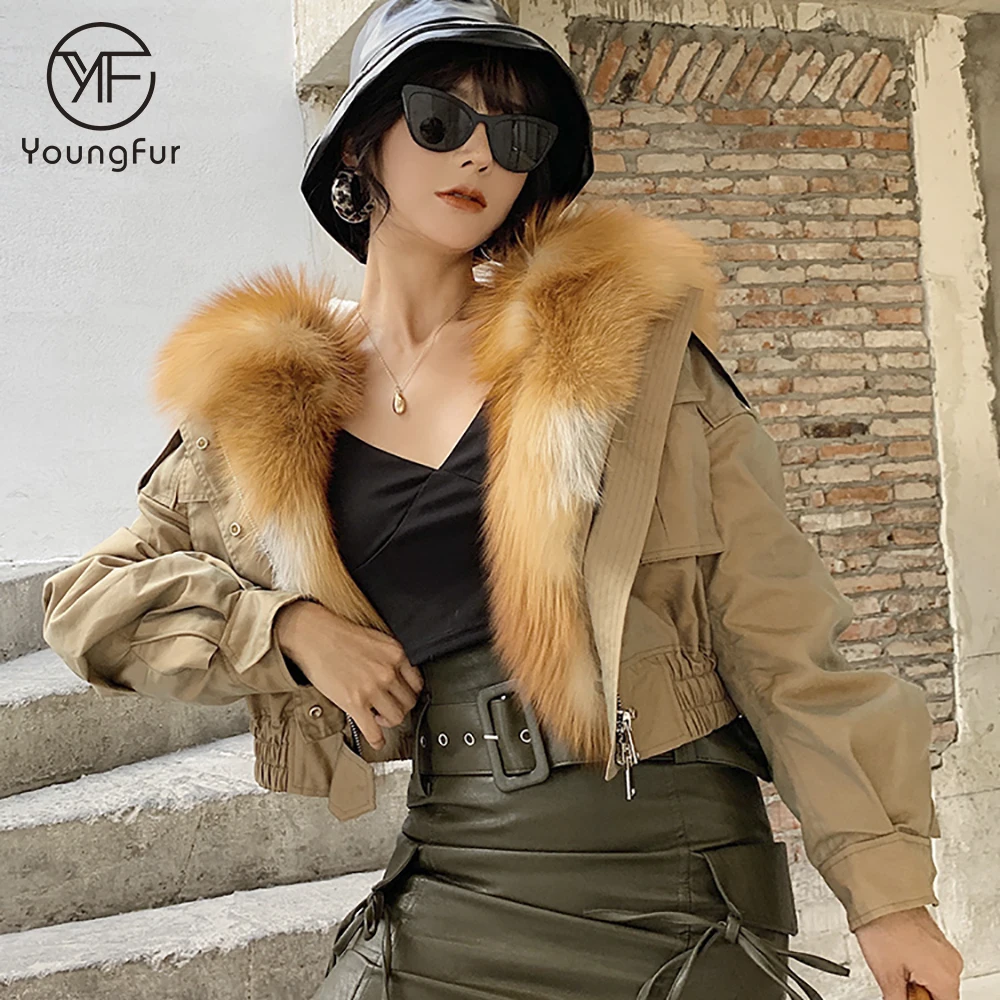New Style Army Green Women Cropped Fur Parka Jacket with Red Fox Fur Trim Winter Ladies Fur Coat Parka