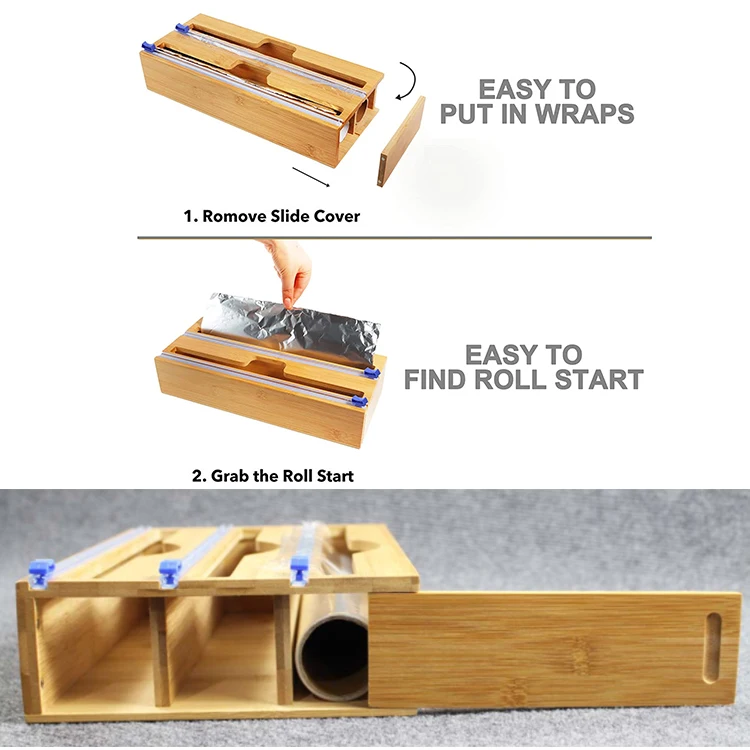 Wholesale hot sale kitchen roll organizer cling holder four size bamboo foil wrap dispenser with cutter