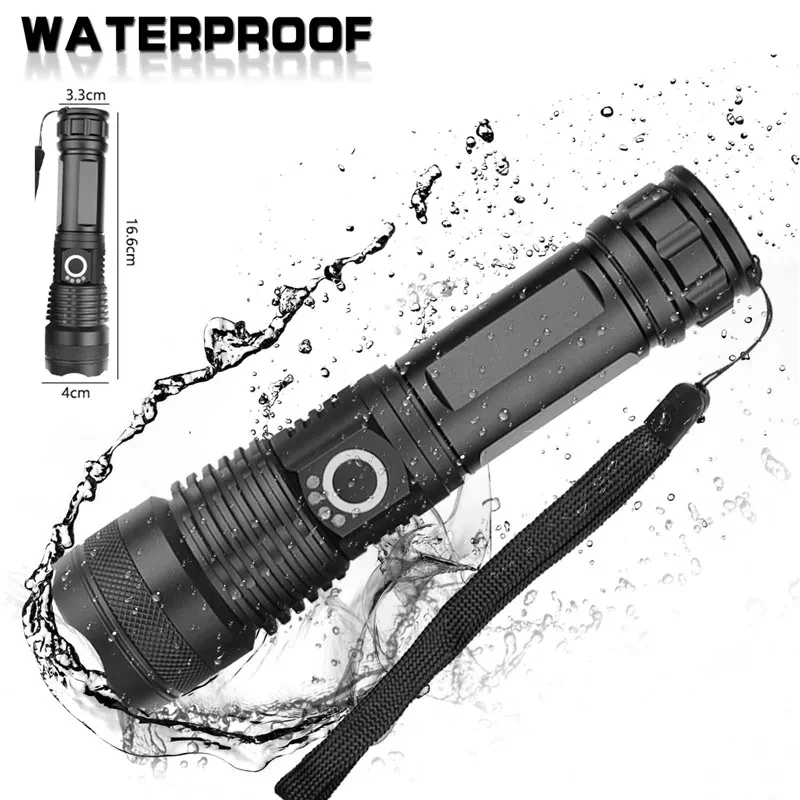 Retractable Flashlight XHP50 Aluminum Alloy Strong Light Flashlight Power Display USB Charging Waterproof Torch High Power