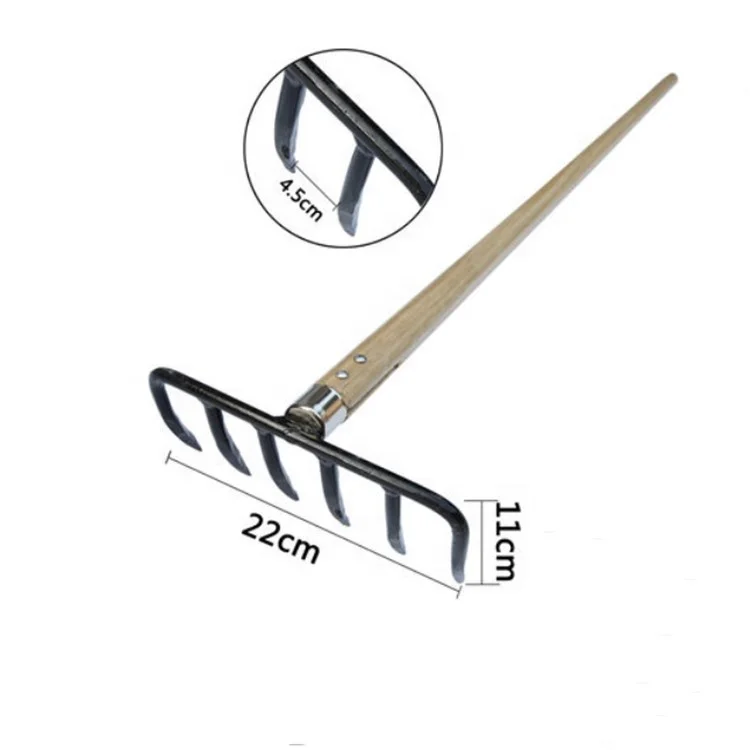 
6 tines long wood handle garden hand tools forged lawn rake 