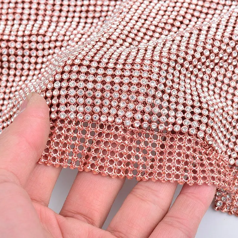 Factory Price Gold Metallic Bead Aluminum mesh round mesh Sequin Crystal rhinestone fabric metal net Women for crop top