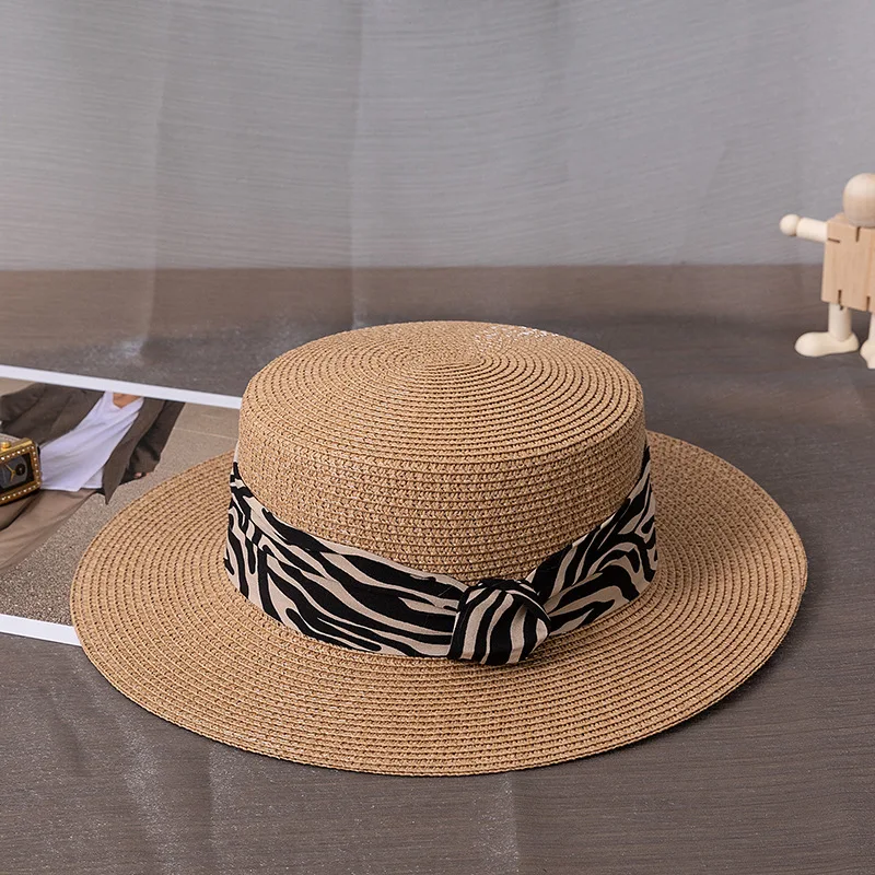 Wholesale Lady Boater Sun Hat Flat Top Straw Beach Hat Round Summer Sun Panama Hat Women