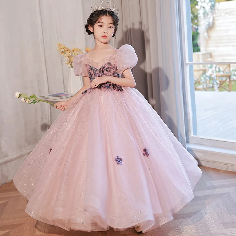 Girls princess dress spray gold girl piano costume model catwalk small host foreign style dress