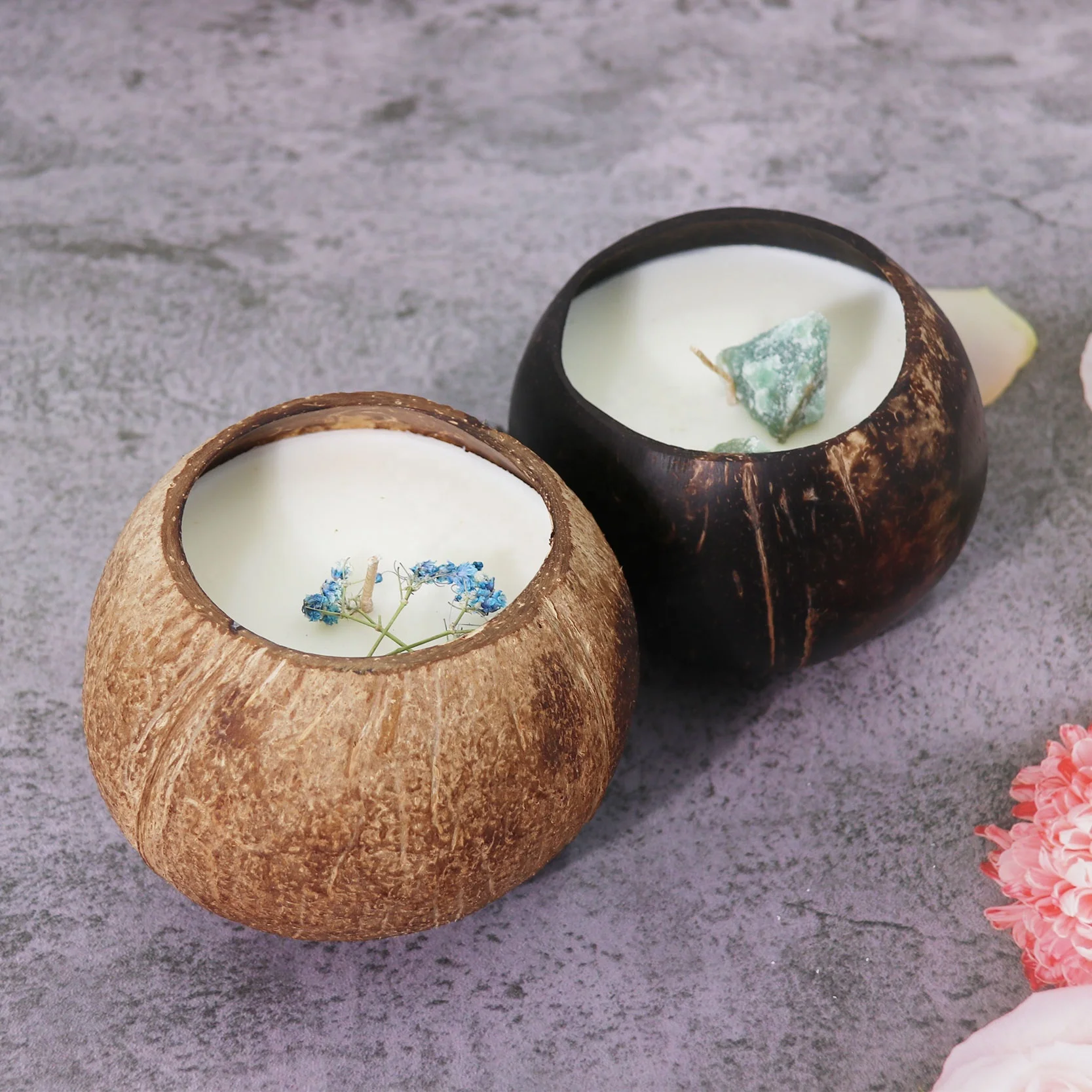 Luxury Wood Wick Coconut Bowl Candles With Crystal Handmade Natural Coconut Shell Scented Candles