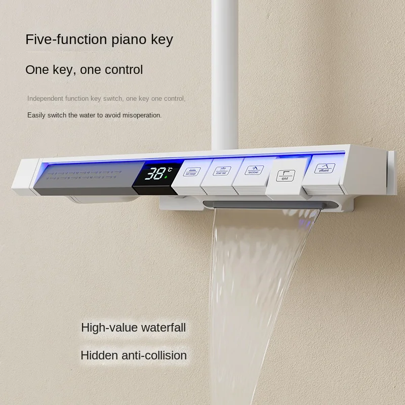 Piano Key Shower Set Gray Bathroom Digital Display Faucet Shower System Set Bathtub Hot and Cold 4 Functions Tap Shower Set