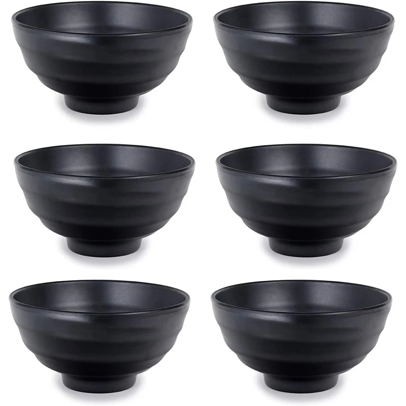 Restaurant PHO Noodle Serving Bowls 6 PCS Japanese Black Melamine Ramen Bowl Set