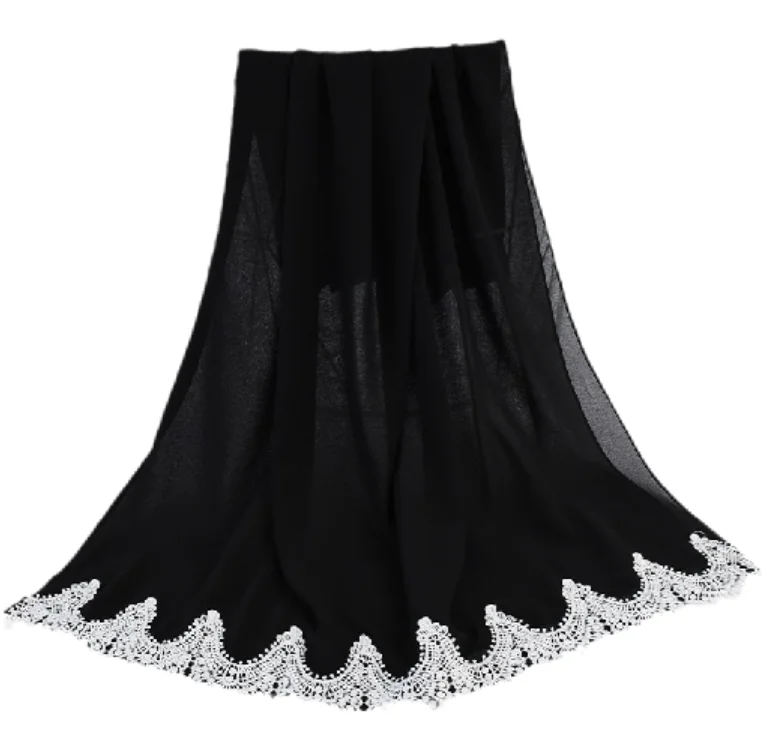 Vintage Pure Color Pearl Chiffon Long Shawl  With White Lace Embroidery Stitching Edge For Women Wholesale