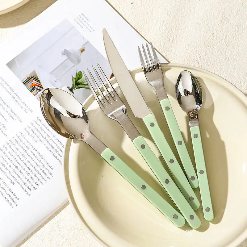 Stainless steel high quality flatware cutlery fork spoon knife flatware juego cubiertos acero inox tableware with plastic handle