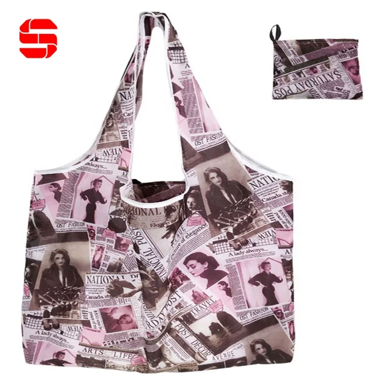 Custom Tote Bags Promotion Sublimation Printed Eco Nylon Recycled Foldable Reusable Grocery Polyester Shopping Bag with logos