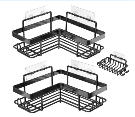 No-Drilling Wall Mounted Bathroom Stainless Steel Shelf Organizer with Two Hooks Bathroom Shower Caddy