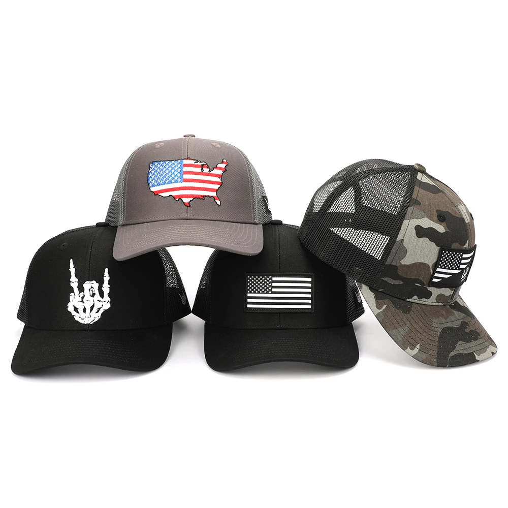 Wholesale OEM Custom 6 Panel High Quality Low Profile Embroidery USA Country Cotton Mesh 112 Trucker Caps Hat