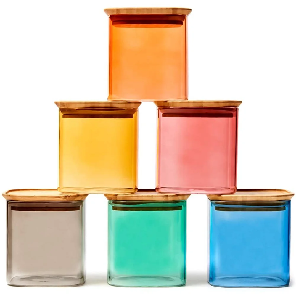 Colorful Stackable Square Glass Jar Set, Air Tight Canister Kitchen Food Storage Container Set for Candy, Cookie, Rice, Sugar