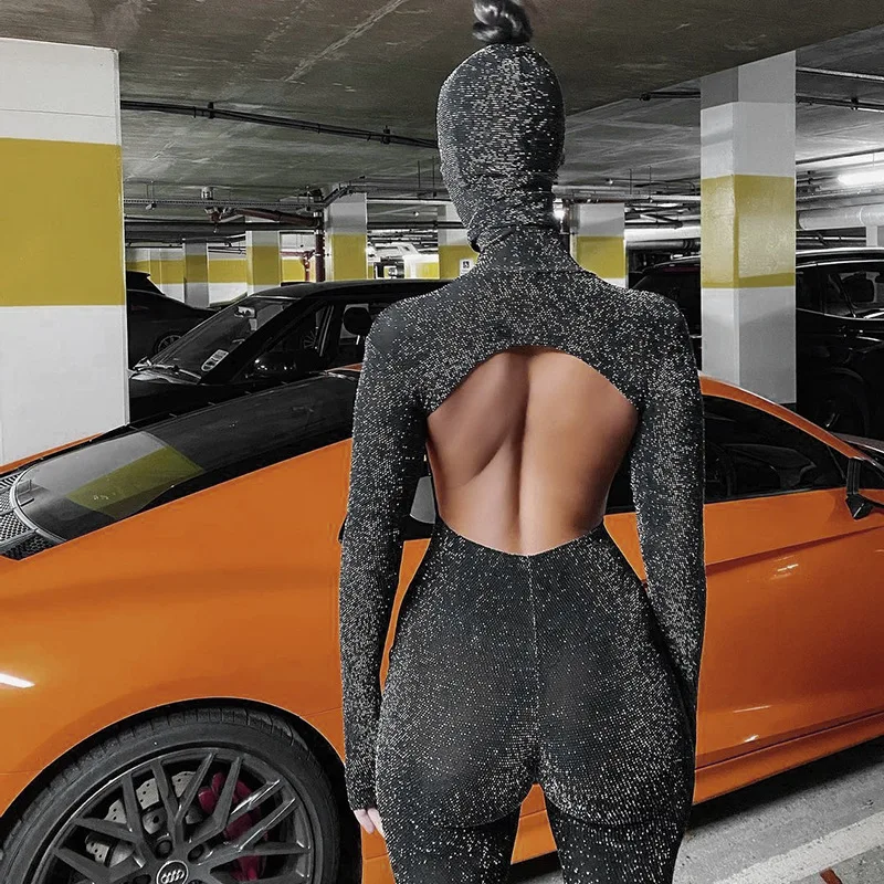 Solid Color Backless Bodycon Jumpsuits Women With Cap Long Sleeve Bodysuit Cut Out Sexy Club wear Skinny Overalls Fall Jumpsuit